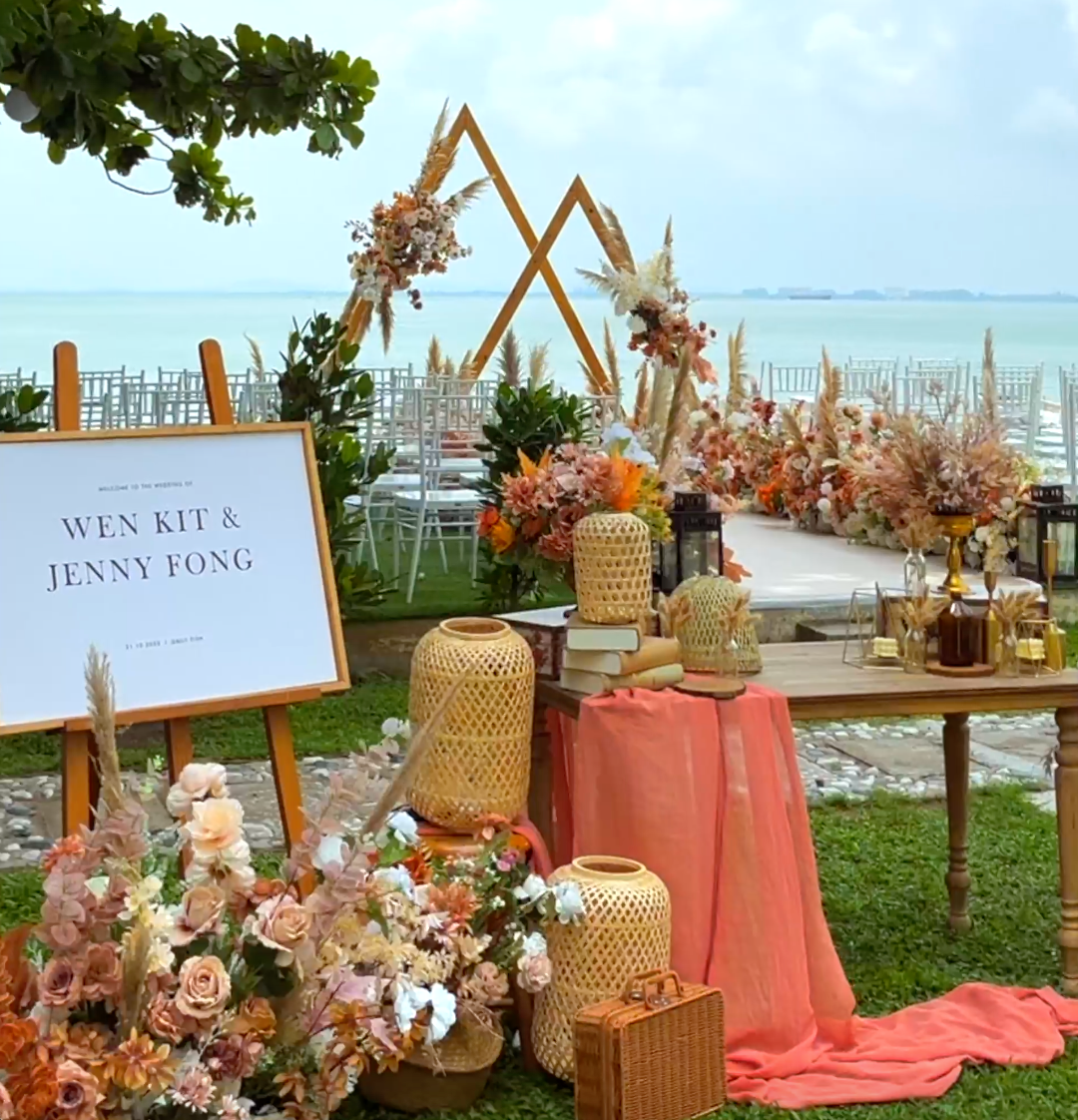 A wedding setup by the beach featuring a
