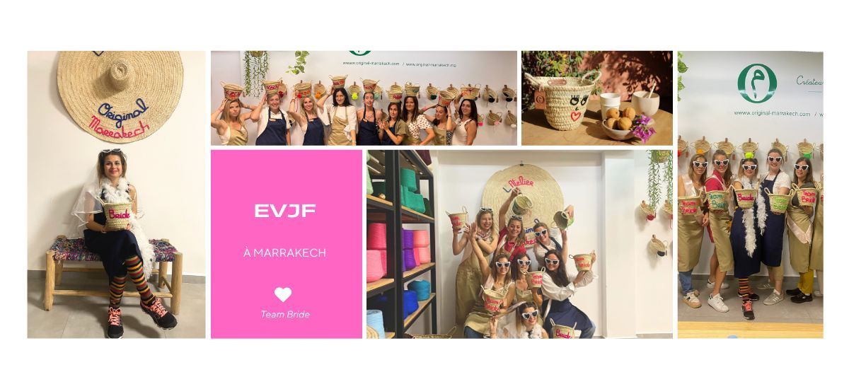 Groupe de femmes lors d’un EVJF à Marrakech chez Original Marrakech, brodant des paniers personnalisés dans une ambiance festive.