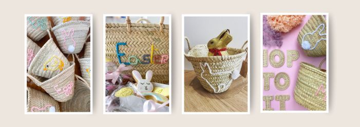 Nos corbeilles de Pâques personnalisées depuis 2010 ! Corbeilles de Pâques brodées à la main – prénoms, lapins, poussins et arc-en-ciel