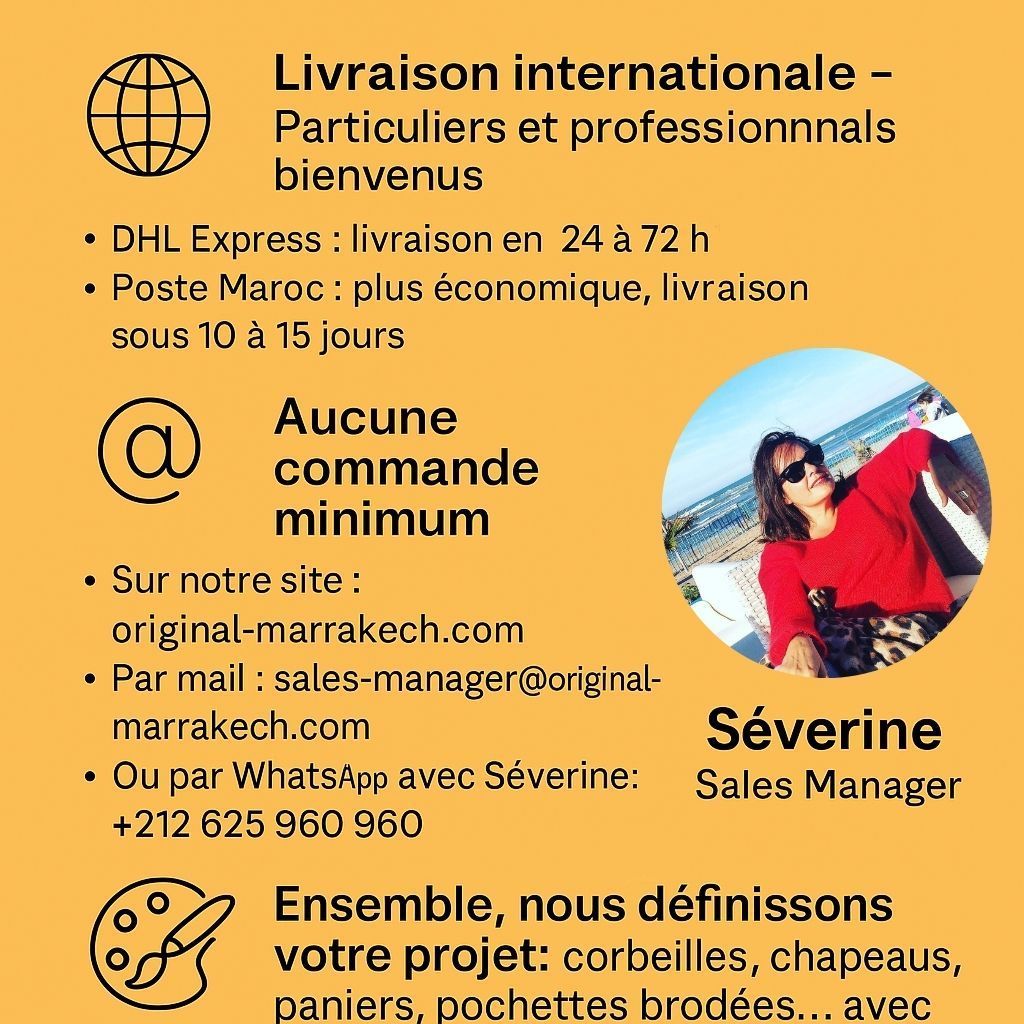 livraisons et commandes Séverine, Sales Manager d’Original Marrakech, spécialiste des commandes brodées à l’international.