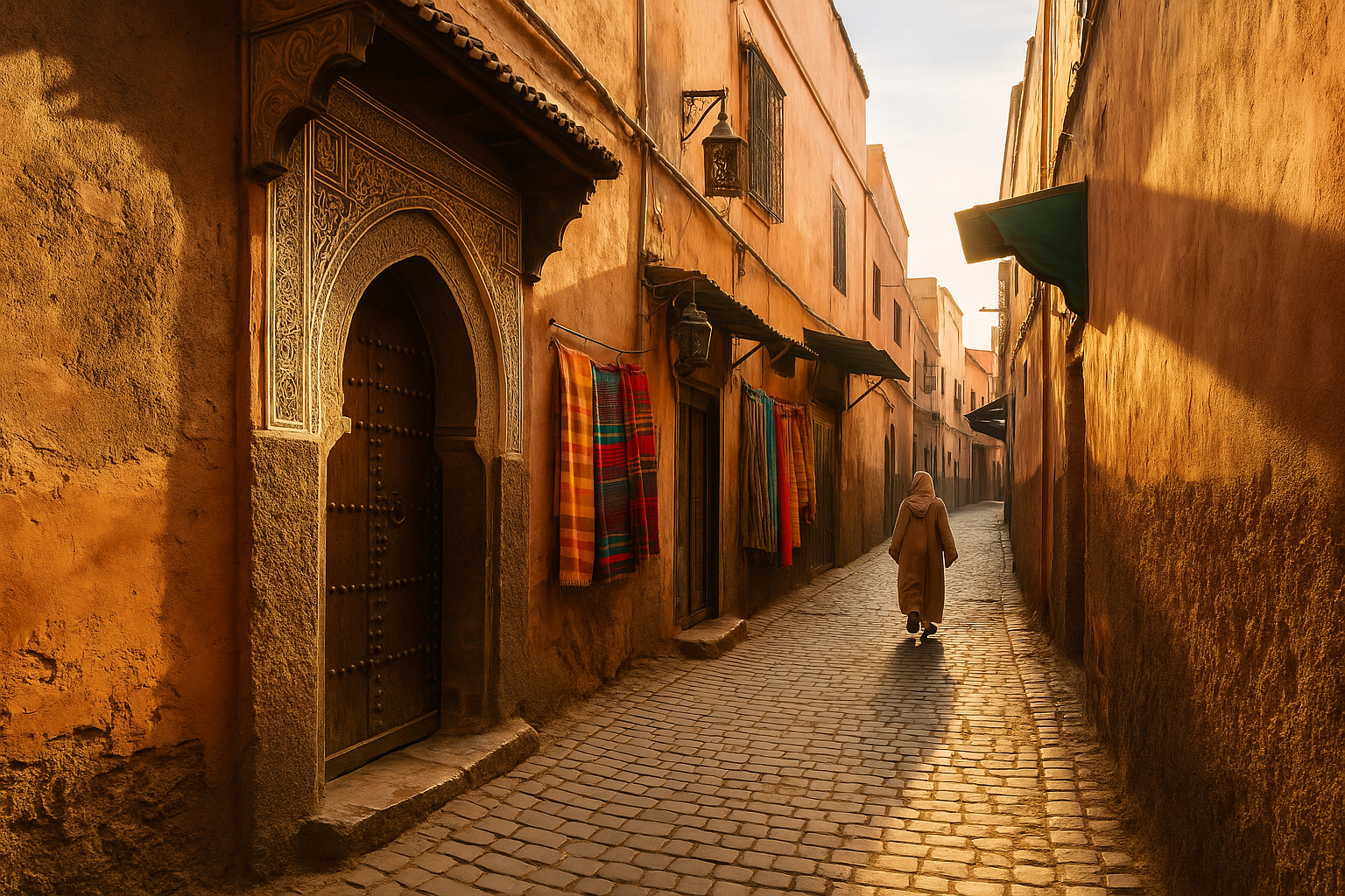 Ruelle traditionnelle de la médina de Marrakech au lever du soleil avec portes sculptées et étoffes marocaines.