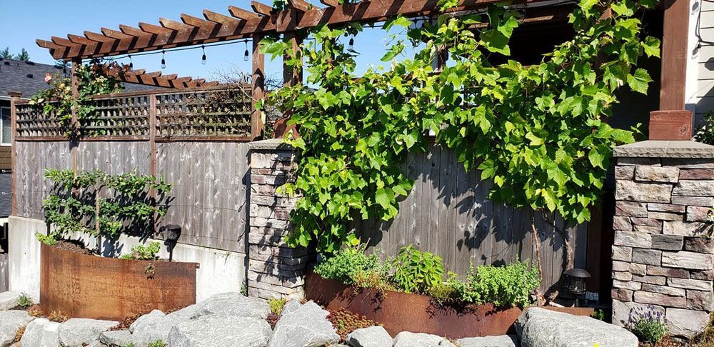 Custom fabricated metal planter with integrated steel edging