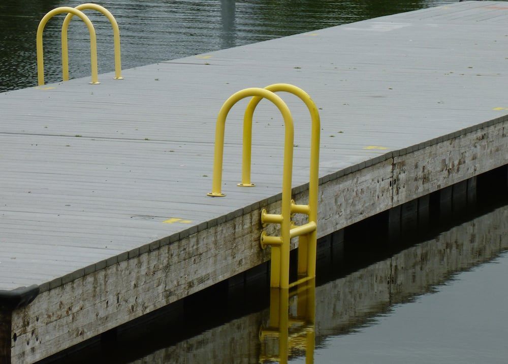 Waterfront dock access with custom welded steel safety railing and ladder system