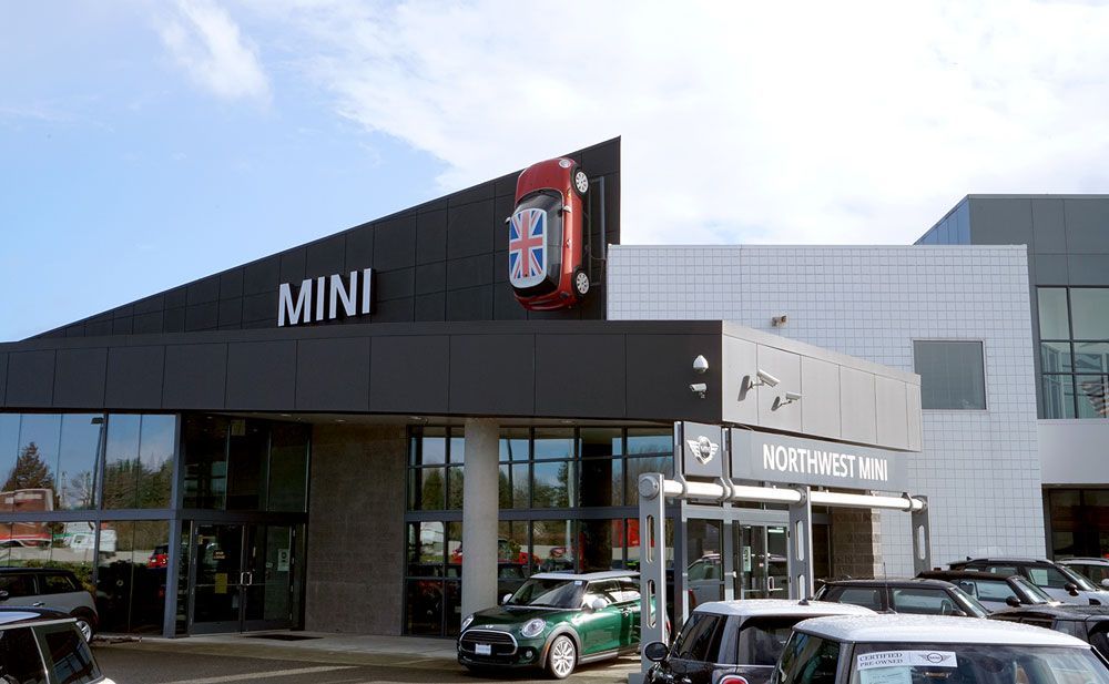 Commercial storefront with structural steel framing and facade