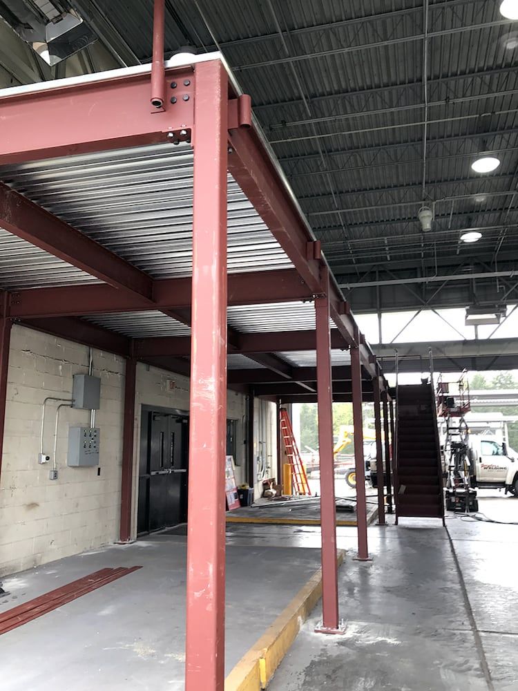 Interior structural steel columns supporting building framework