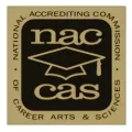 NACCAS accreditation logo with gold background, black text, and graduation cap icon