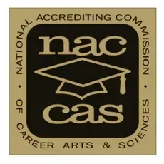 NACCAS accreditation logo with gold background, black text, and graduation cap icon
