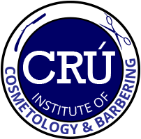 CRU Institute of Cosmetology & Barbering logo in blue, white, and black circular design