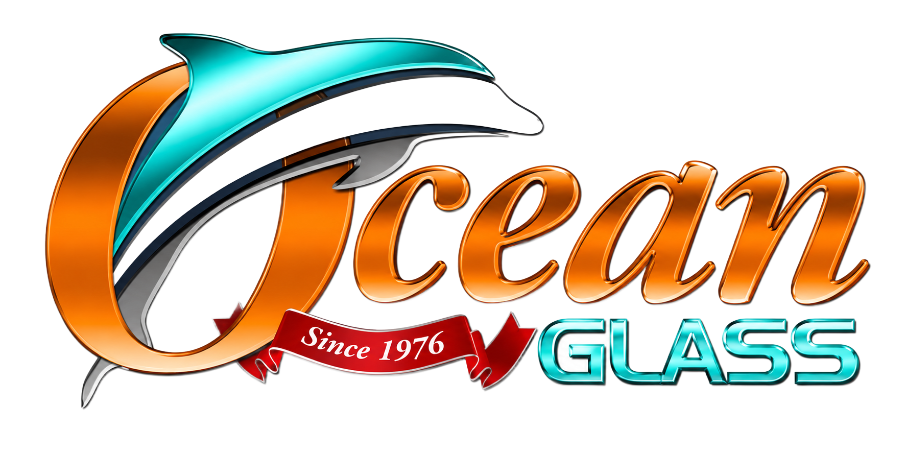 Ocean Glass logo with turquoise, orange, and silver swoosh design