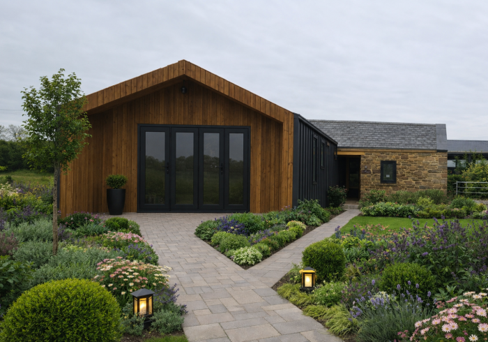 Modern house with wooden facade, stone path, and landscaped garden under an overcast sky
