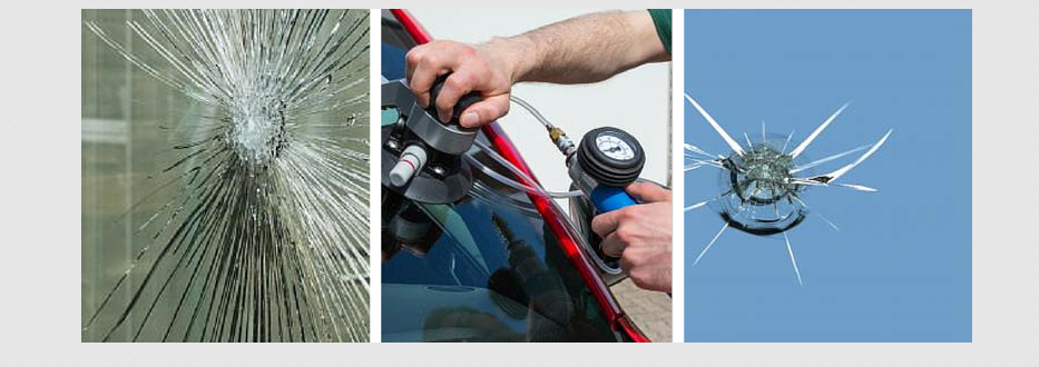 Three-panel image of a cracked windshield from a rock strike, a hand holding the windshield, and a shattered glass chip.