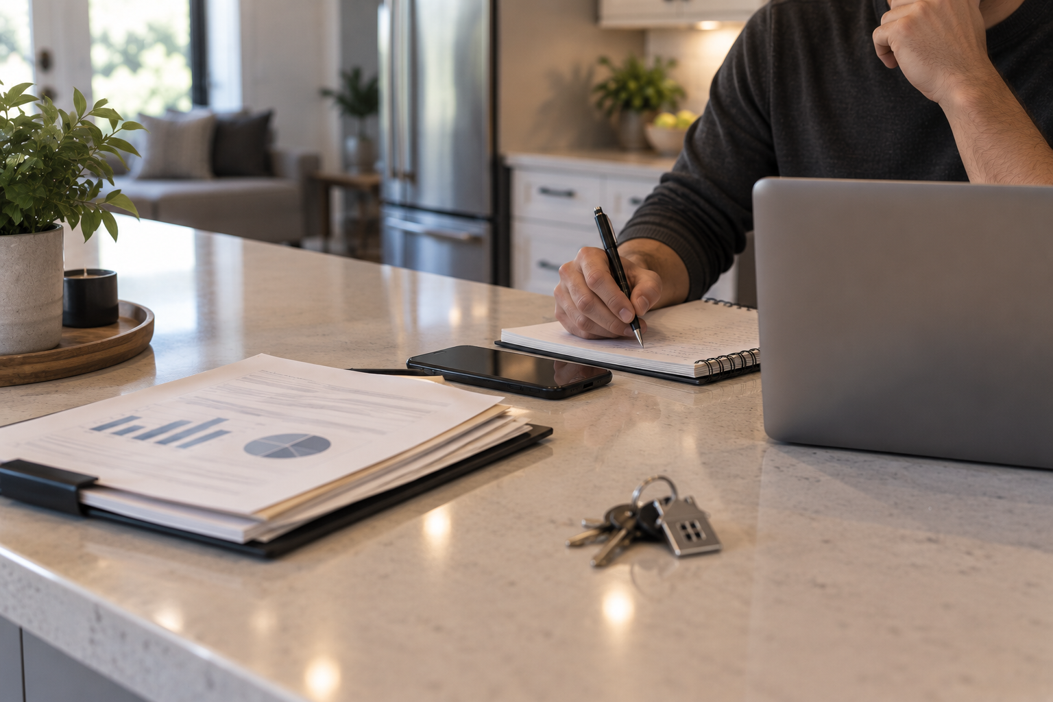 A home owner doing calculations on the value of selling vs keeping their property