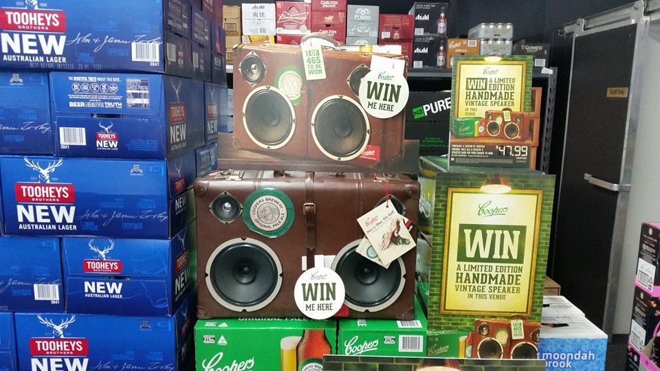A Store Display With Brown Speaker-shaped Boxes — BYO Cellars in Grafton, NSW