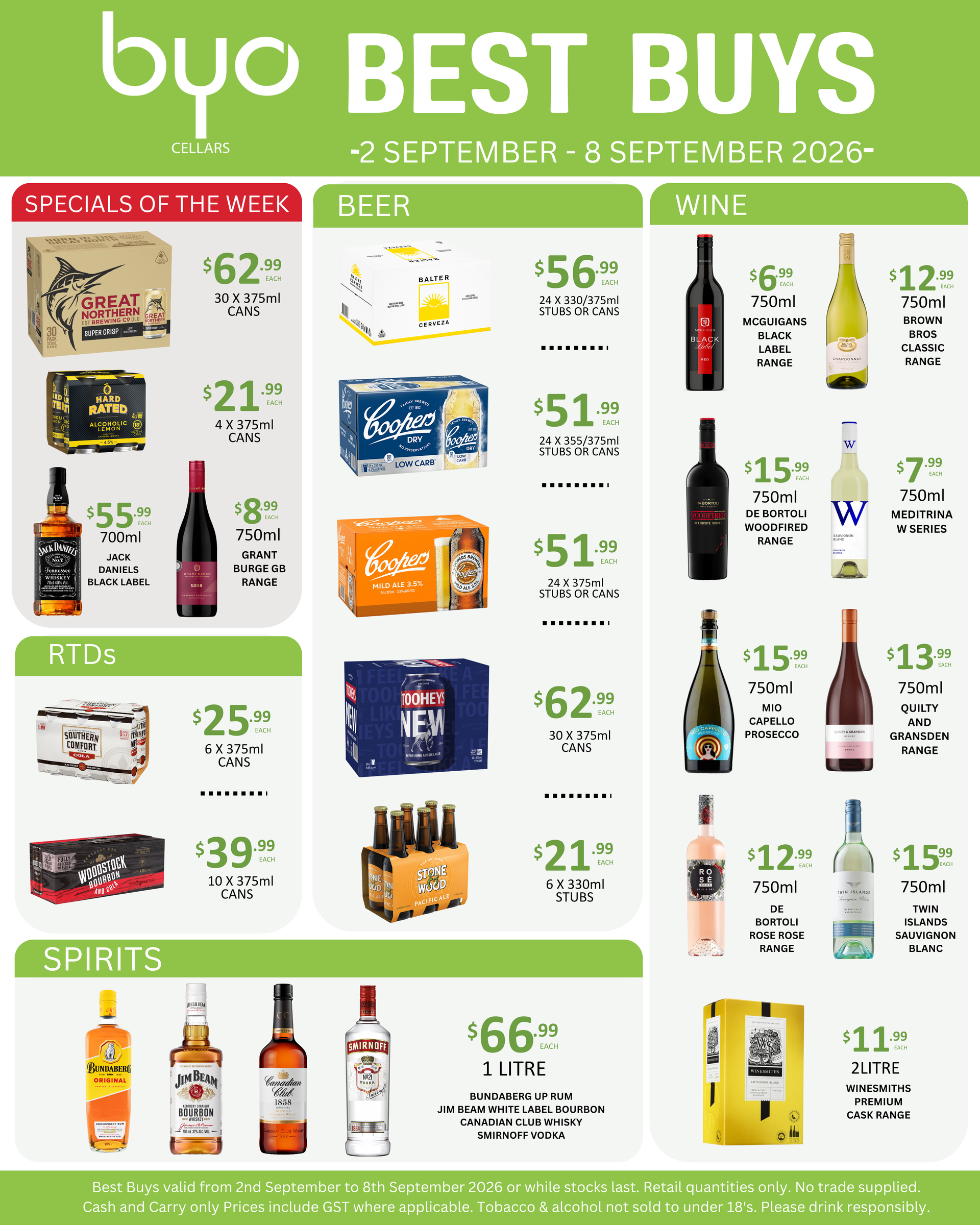 A liquor store advertisement displaying various alcoholic beverages with prices.