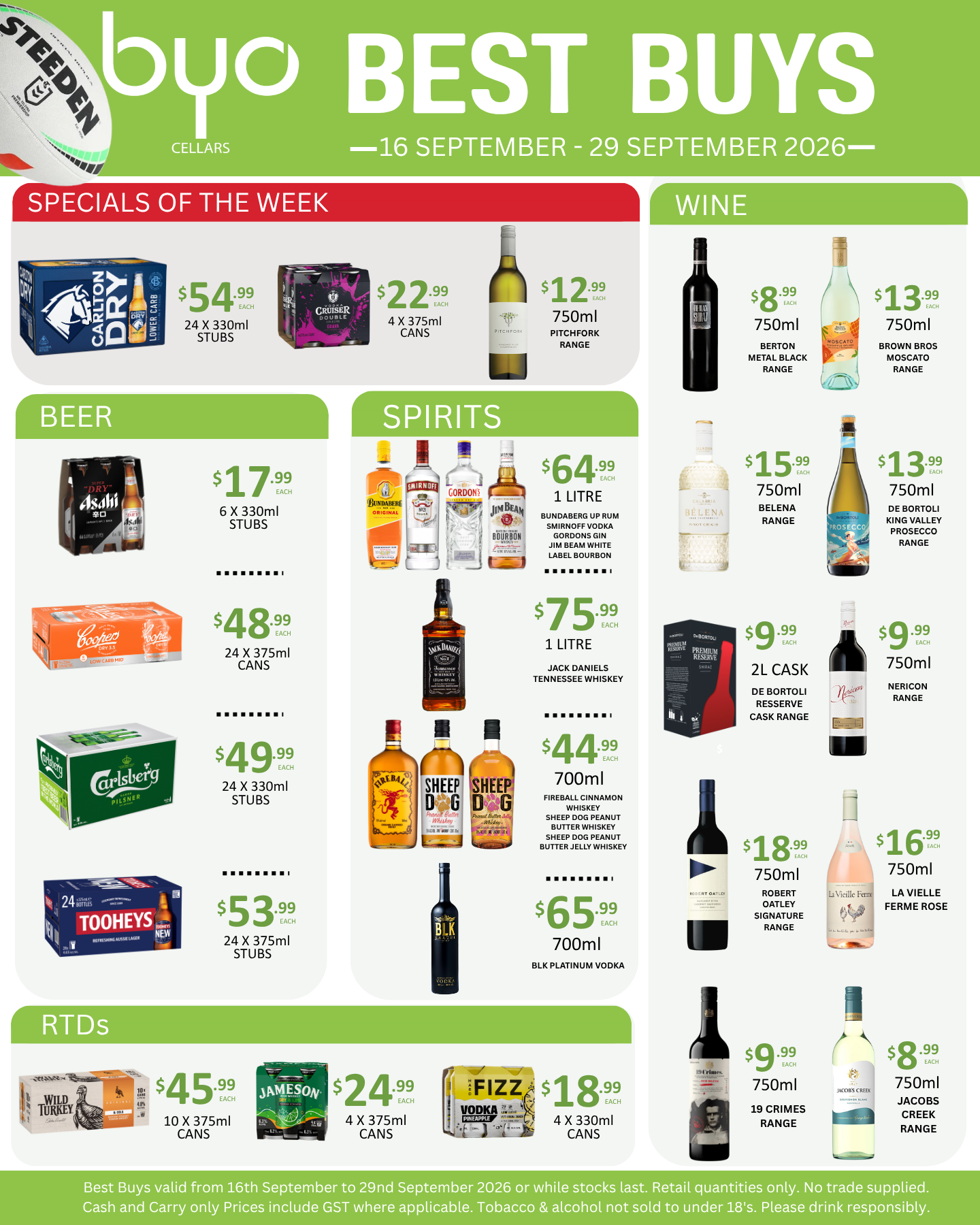 A liquor store advertisement displaying various alcoholic beverages with prices.