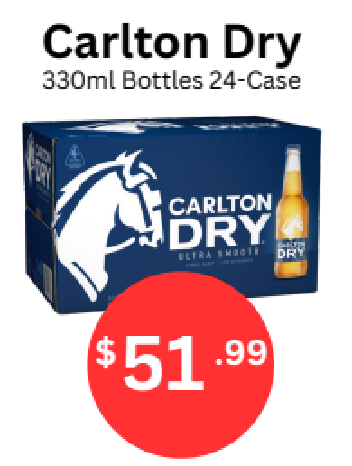 Carlton Dry beer case, dark blue, with a white horse logo. $51.99 price displayed on a red circle.