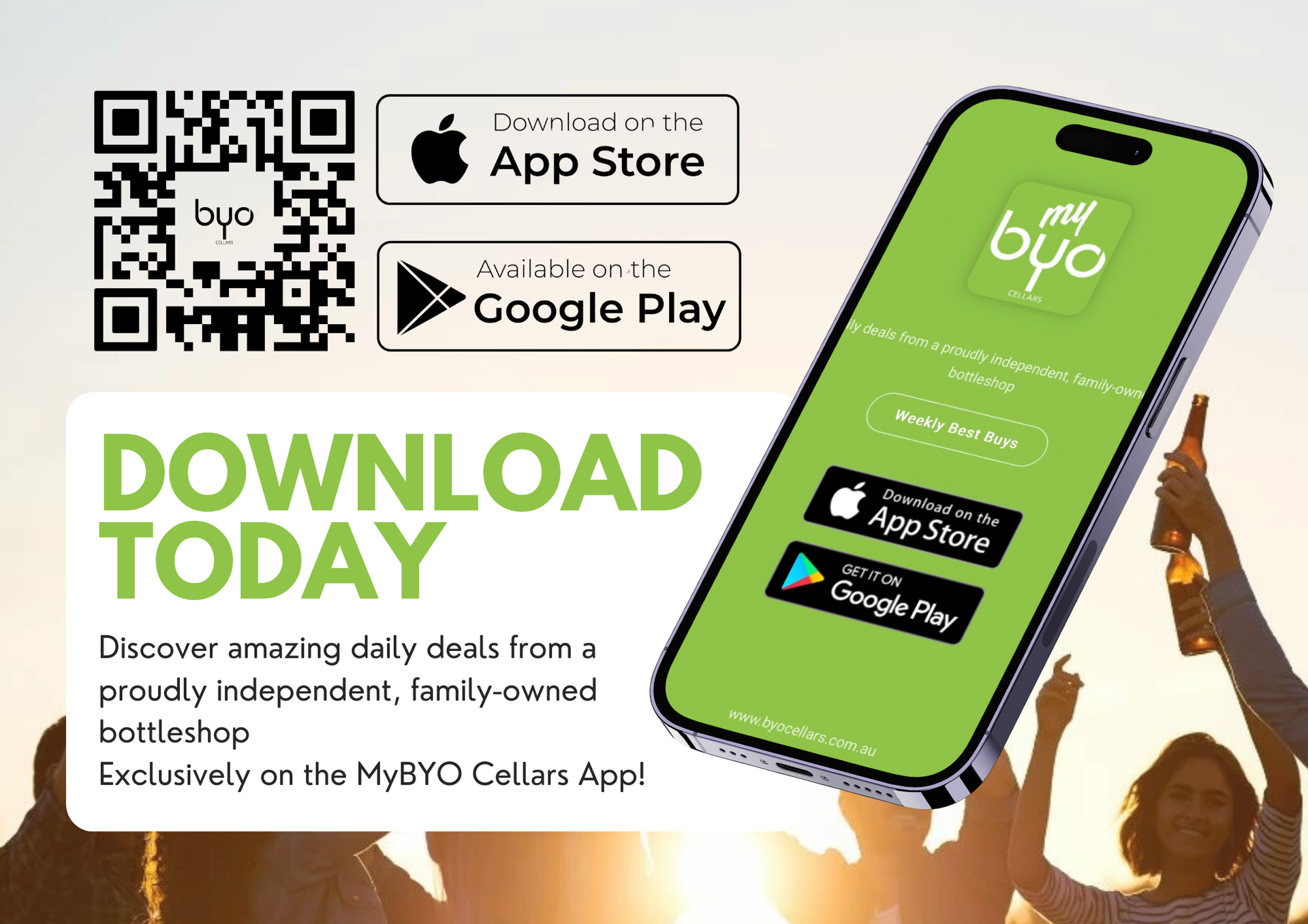 Advertisement for MyBYO Cellars App. Shows a phone with the app, download QR code, and app store buttons.