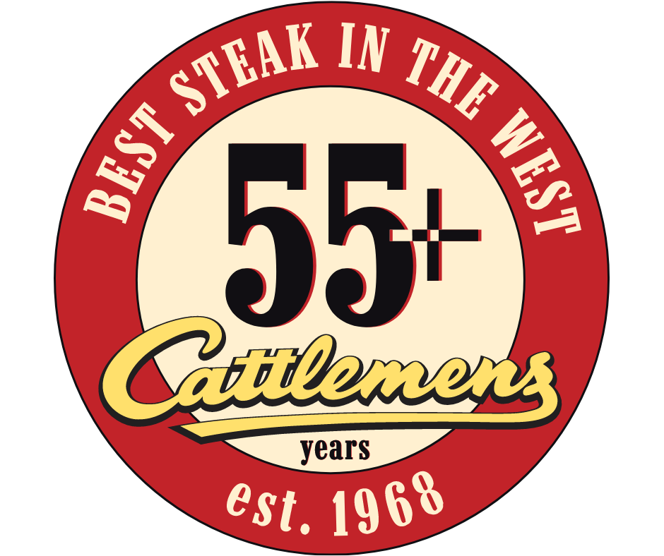 Cattlemen's 55+ years logo with red circle and cream center reading “Best Steak in the West, est. 1968”