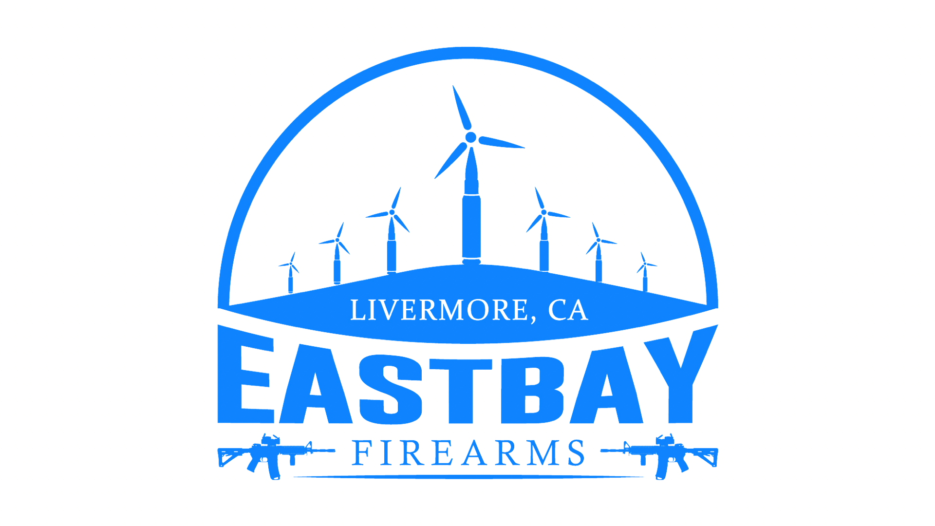 Eastbay Firearms logo with Livermore, CA, wind turbines, and blue text on white background