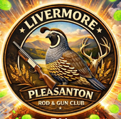 Livermore Pleasanton Rod & Gun Club emblem with a quail, rifle, and antlers on a circular gold badge