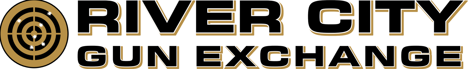 River City Gun Exchange logo with gold target icon and black text on white background