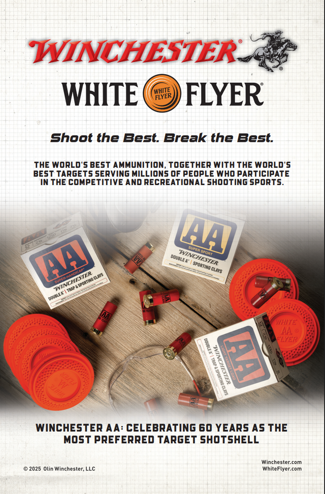 Winchester White Flyer ad with target shotgun shells and red clay targets on sand-colored surface