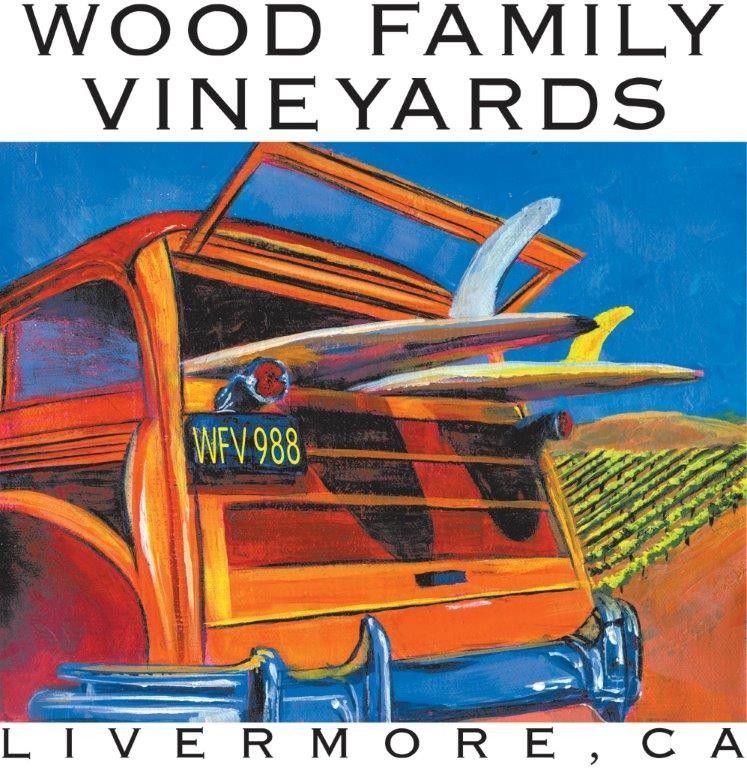 Wood Family Vineyards logo with a colorful car and vineyard rows in Livermore, CA