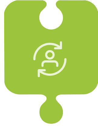 Green puzzle piece icon with white person and circular arrows symbolizing accessibility or support.