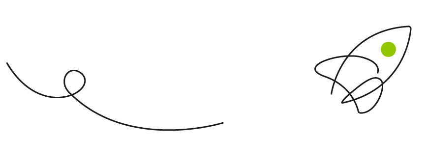 Simple black line sketches of a looped path and a small rocket with a green dot