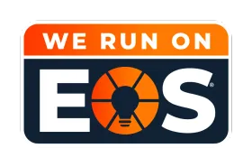 “We run on EOS” logo in orange, white, and dark blue with a stylized sun inside the O