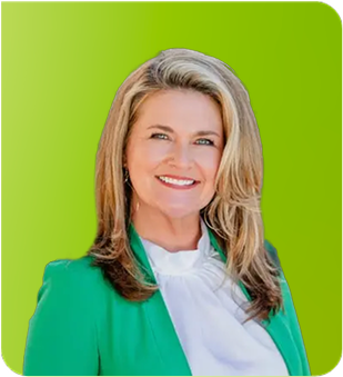 Smiling woman in a green blazer against a bright lime-green background