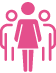 Pink gender-neutral restroom icon with three human figures and one central figure in a dress-like shape