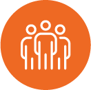 Orange circle with white outline icon of three people standing together