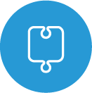 White outlined puzzle piece icon inside a blue circle on a white background