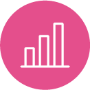 Pink circle icon with a white rising bar chart on a stand