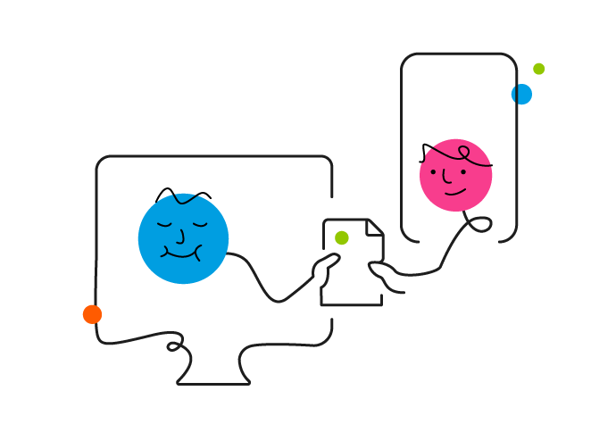 Two cartoon characters, blue and pink, connected by a tangled cable and a small plug.