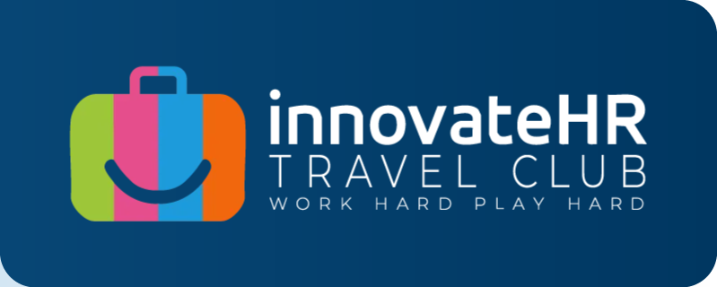 InnovateHR Travel Club logo on a blue background with colorful suitcase icon and tagline “Work Hard Play Hard”