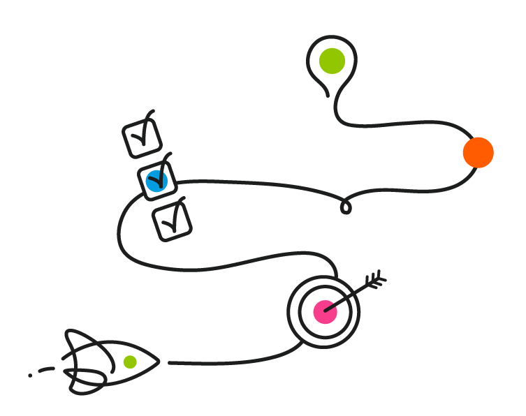 Hand-drawn winding path with colored markers, checkboxes, a target, and a small rocket