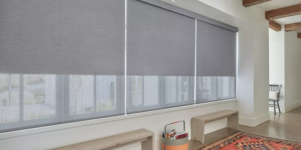 A living room with gray blinds on the windows and a rug.