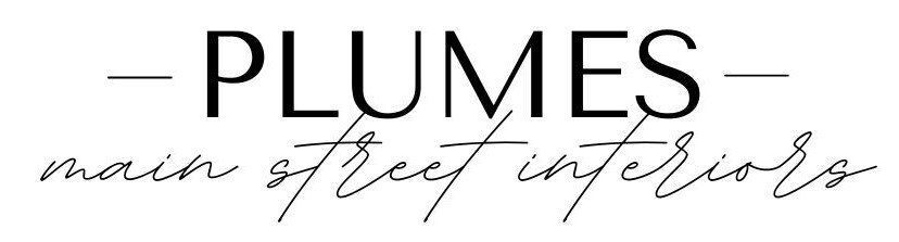 A black and white logo for plumes main street interiors.