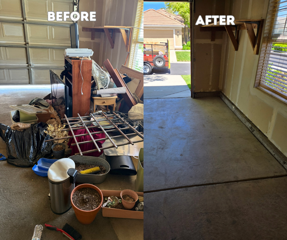 Garage before and after cleaning: cluttered garage transformed into an empty, clean space with open door.