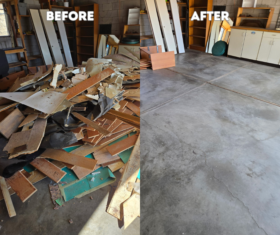 Before and after view of a garage: debris filled vs. clean with cabinets.