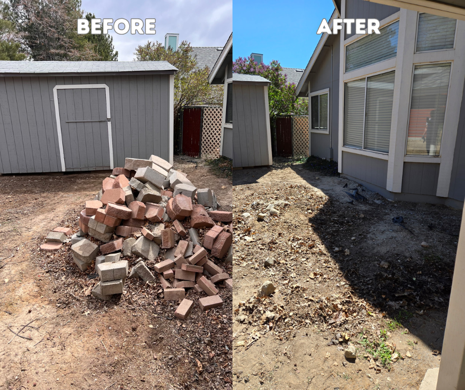 Before and after yard cleanup: pile of bricks removed, leaving bare earth. Shed, fence, and house visible.