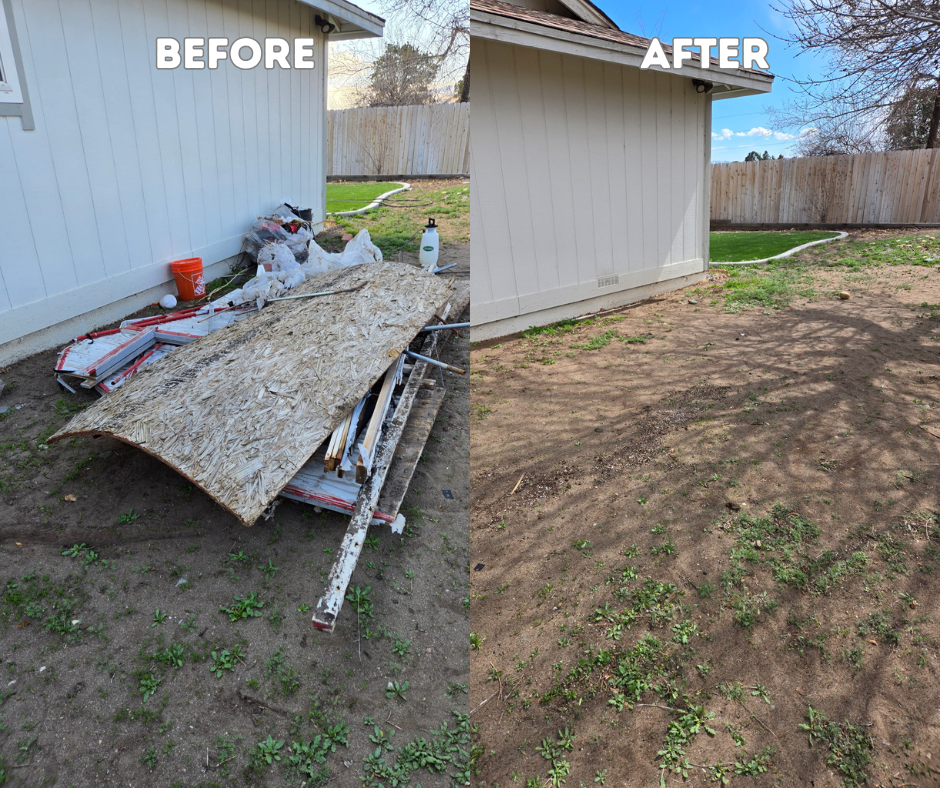 Side-by-side view shows a cluttered yard before cleanup and a cleared yard afterward with a shed, fence, and sunlight.