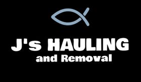 Logo for J's Hauling and Removal. Features an Ichthys symbol above white text on a black background.