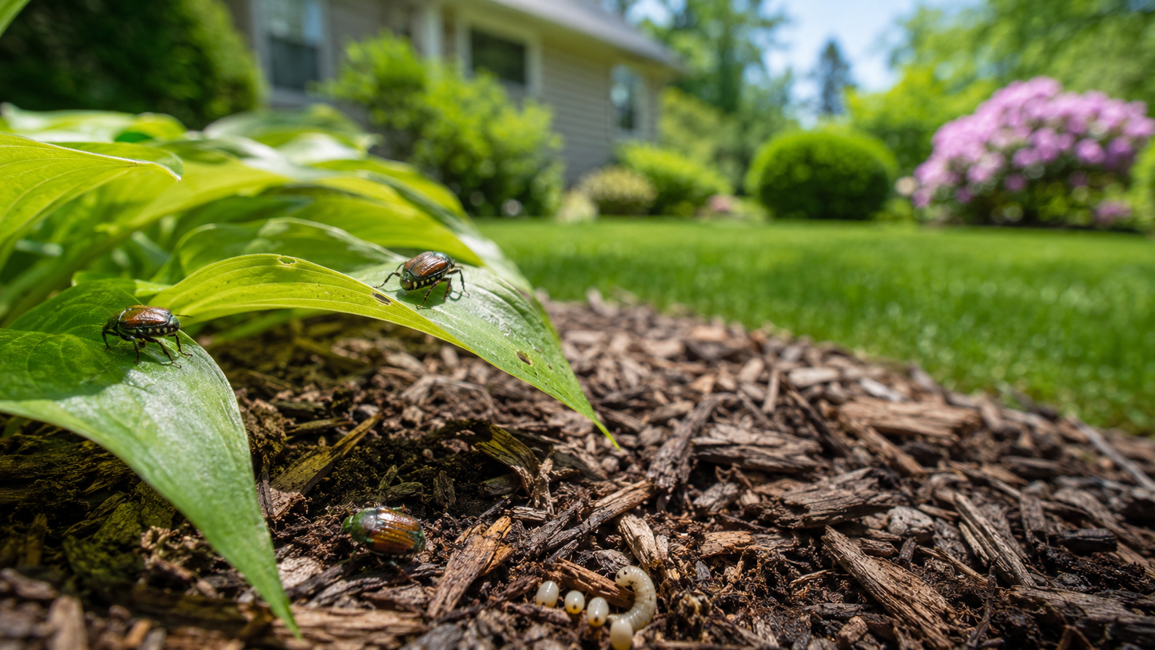 Beetles and larvae in mulch near garden plants at a home in Clintonville, WI