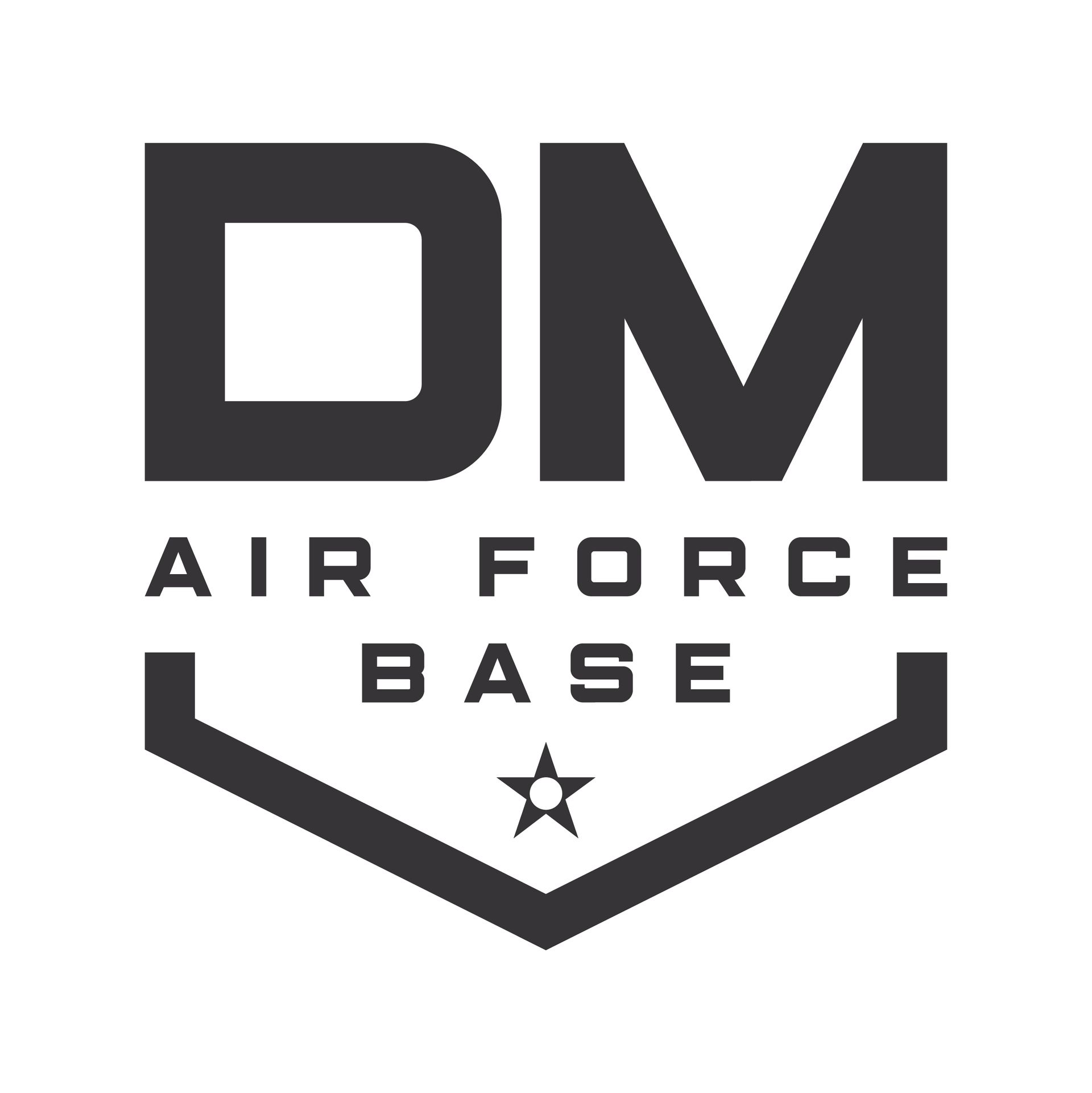 Logo for Davis-Monthan Air Force Base: "DM" in bold text above "AIR FORCE BASE" inside a shield with a star.