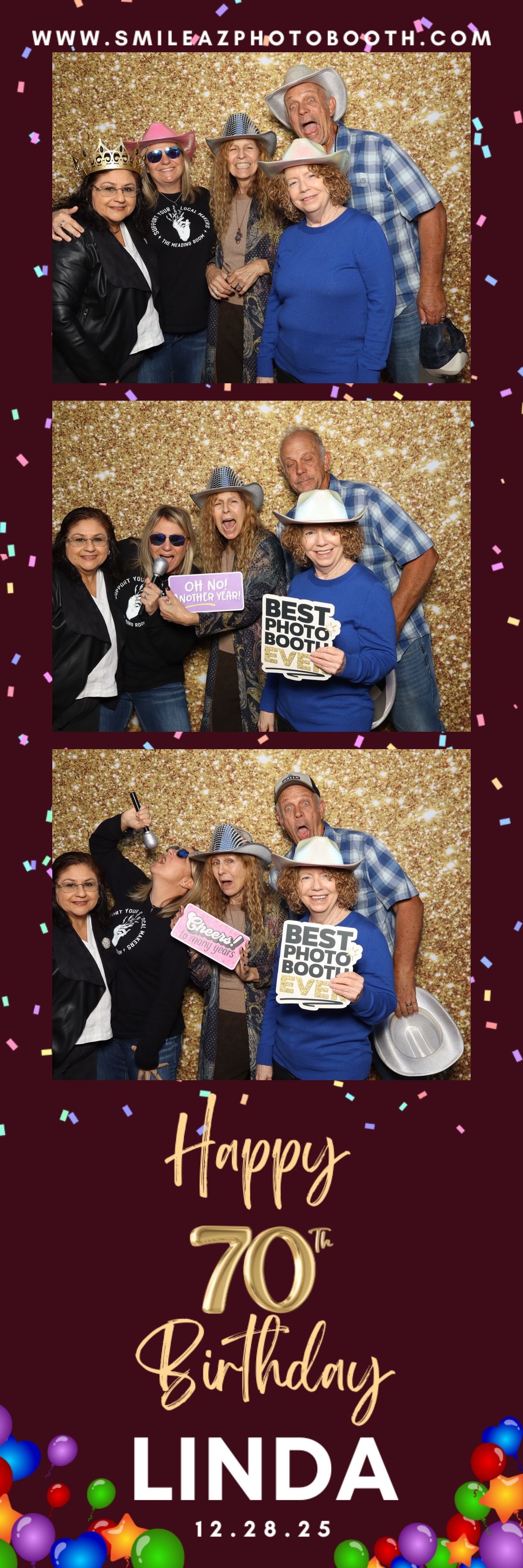 Photo booth strip celebrating Linda's 70th birthday. Gold glitter background. People smiling and posing, wearing birthday hats.
