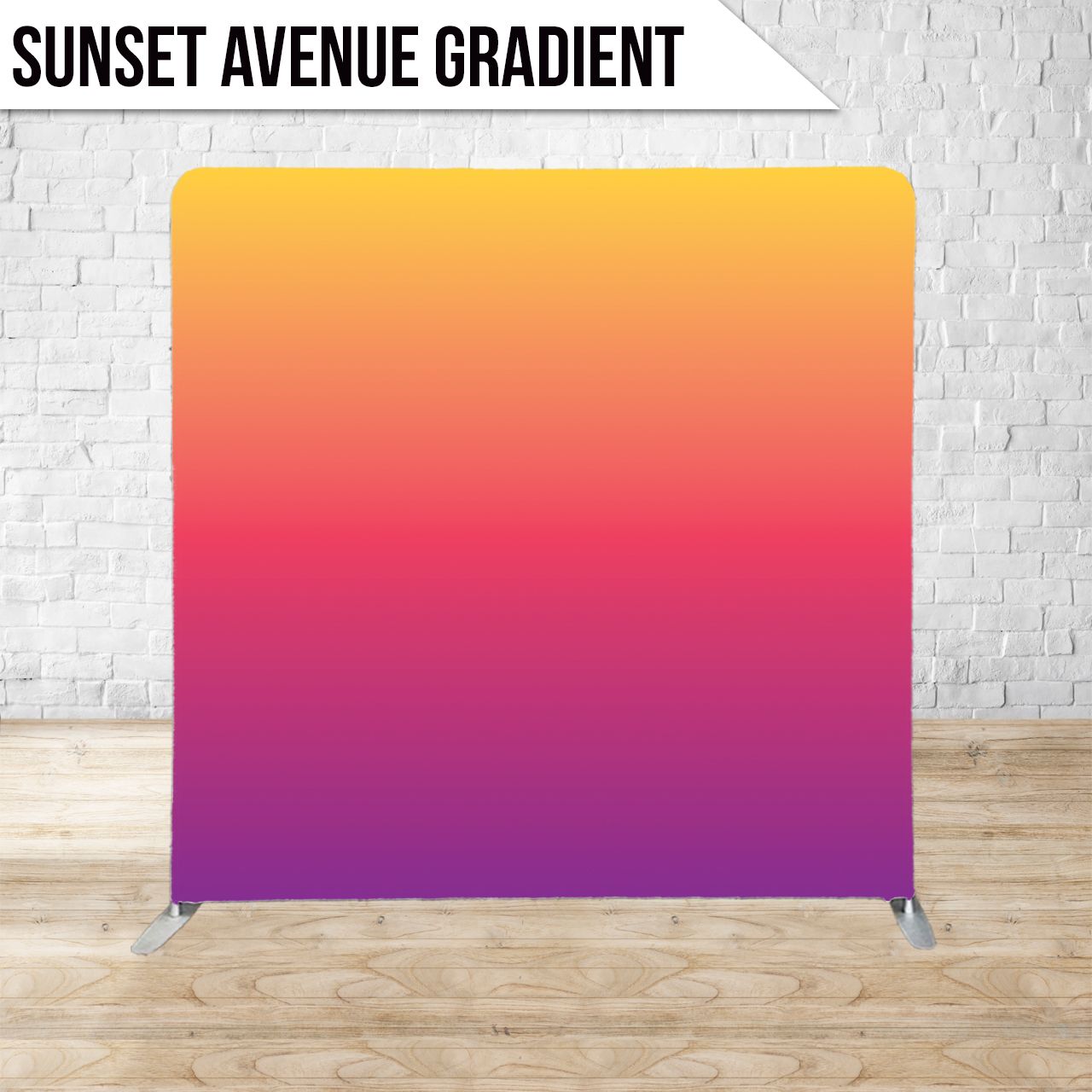 Photo booth backdrop featuring a sunset gradient of yellow, orange, red, and purple.