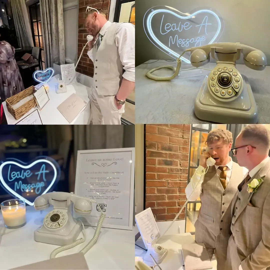 Collage of photos: People using vintage phone to record messages at a wedding. Neon sign says 